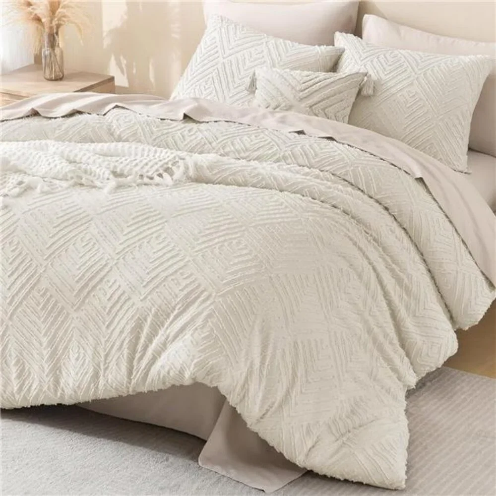 King Size Comforter Set Beige, 3 Pieces Cream Tufted Boho Farmhouse